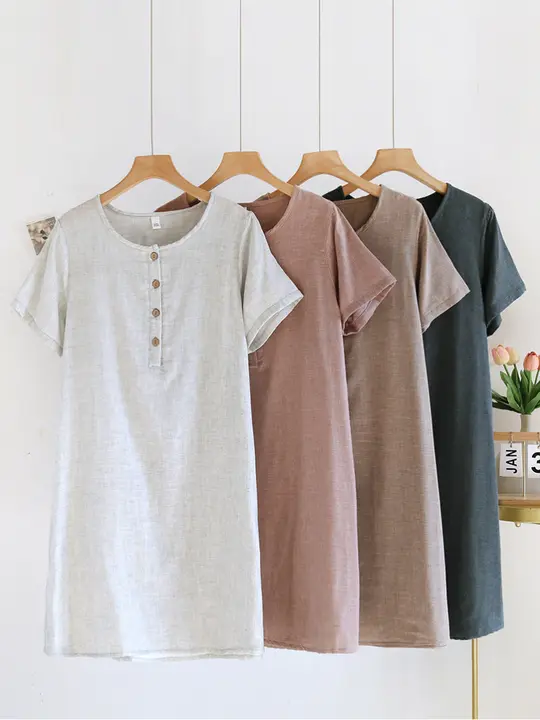 シンプルデザインのコットンガーゼ女性用ルームワンピース【夏用・短袖・軽量】