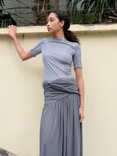 Tシャツ レディース インナー 半袖 クルーネック 正肩 巻きヘム タイトシルエット デザイン 秋物「GREEN BELT」