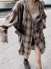 大きいサイズのレトロチェックパーカーシャツ【秋用・ゆったりしたデザイン・中長丈】