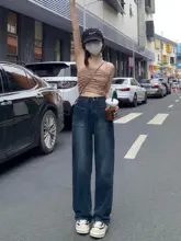 ヴィンテージスタイルのハイウエストワイドレッグデニムパンツ【梨型体型対応・小柄向け】