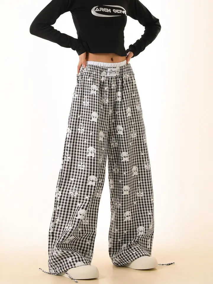 秋用カジュアルカートゥーンプリントワイドレッグパンツ【女性用・ボトムス・緩めのデザイン・ストレート・レイヤードスタイル対応】（セットアップ対応）