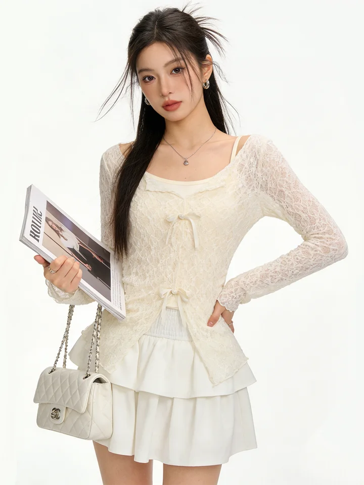 春夏用レース重ね着長袖ブラウス【女性用・スリムフィット・インナー付き】（セットアップ対応）