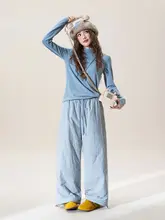 スタイルの冬用コットンパンツ【ウエストゴム・抽绳・暖かさ・ブルー】（セットアップ対応）