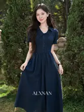 フレンチスタイルの夏用 藍色短袖ワンピース【上品な通勤用】