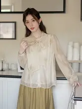 木易易 長袖シャツ【春用・国風・水彩染め・リボン付き・フレンチスタイル】