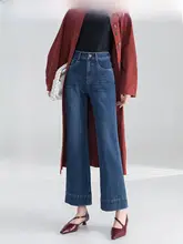 四方向ストレッチ 吸収力あるハイウエストストレートデニムパンツ【女性用・梨型シルエット・スリム効果・九分丈】（セットアップ対応）