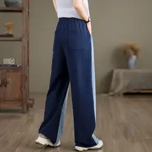 レトロでおしゃれなウエストゴム直筒デニムカジュアルパンツ【夏用・ゆったり・コントラストカラー】（セットアップ対応）