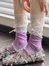 春夏用の粉色中筒靴下【甘めのリボンデザイン・裾にレース・浅灰色のルーズソックス】