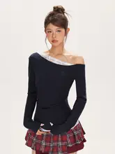 デザイン感あるレースの斜め肩トップス【女性用・ウェストシェイプ・秋季】（セットアップ対応）