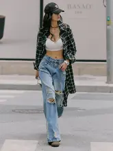 ブルーのウォッシュドヒッピー風ダメージデニムパンツ【ゆったりフィット・ストレートレッグ】（セットアップ対応）