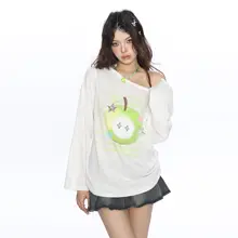 夏用 青リンゴプリントのオフショルダーロングスリーブTシャツ【極上の柔らかさ・薄手・UVカット】