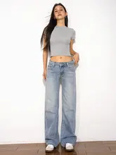 デニムパンツ レディース アメカジ ヴィンテージ ウォッシュ加工 ライトカラー ローライズ 着痩せ ストレート ワイド フロア丈 「SO HOT」