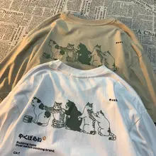 アメリカンレトロデザインのキャットプリント半袖Tシャツ【ユニセックス・ゆったりフィット】