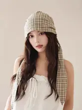 チェック柄のバンド付きキャップ【女性用・ストリートスタイル・薄手】