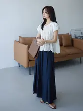 王妃家 蔵ブルーのハイウエストワイドレッグスカートパンツ【夏用・薄手・プリーツデザイン】
