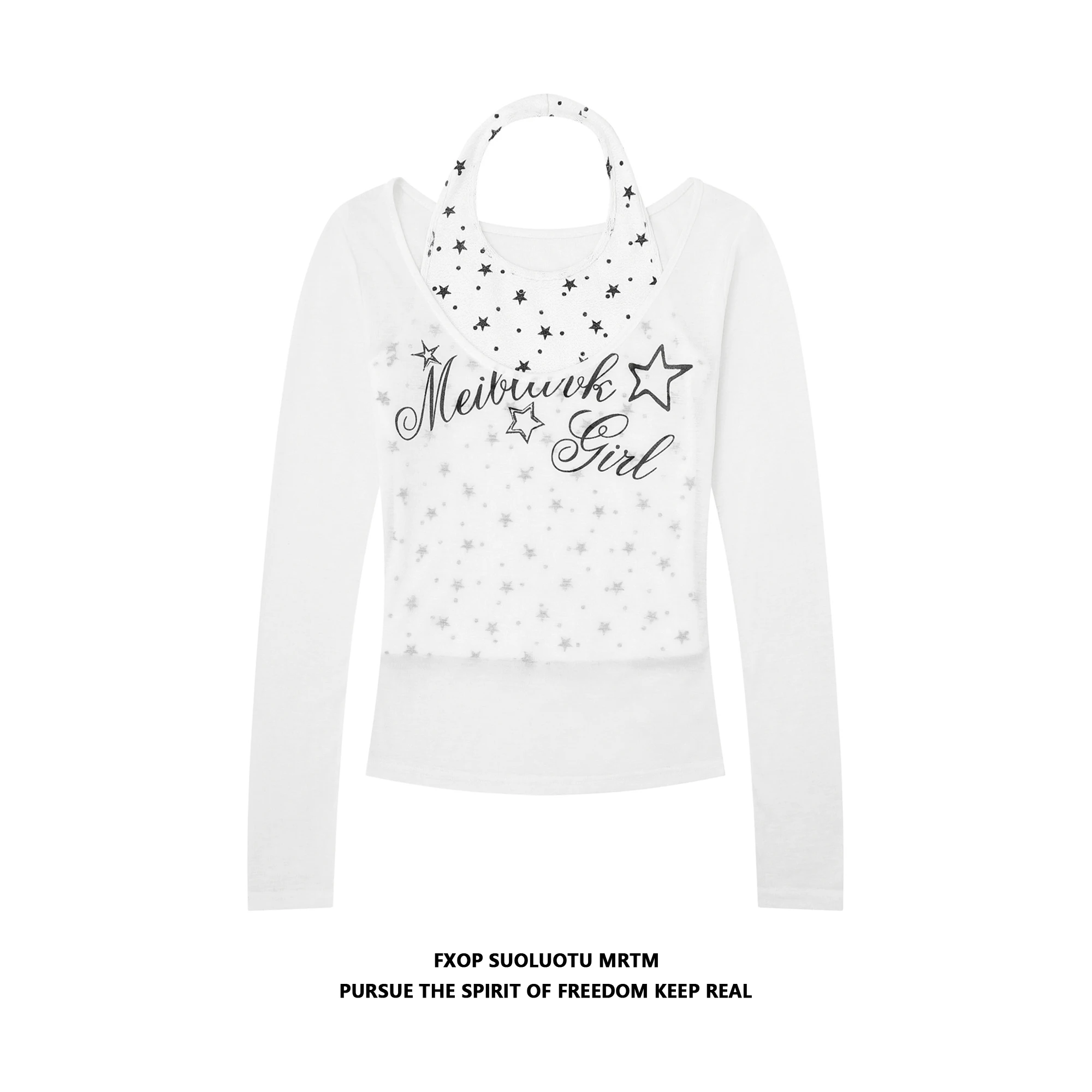 美式復古スターネックレスタンクトップ＆長袖Tシャツ【薄手の透け感・女性用・スリムフィット】（セットアップ対応）