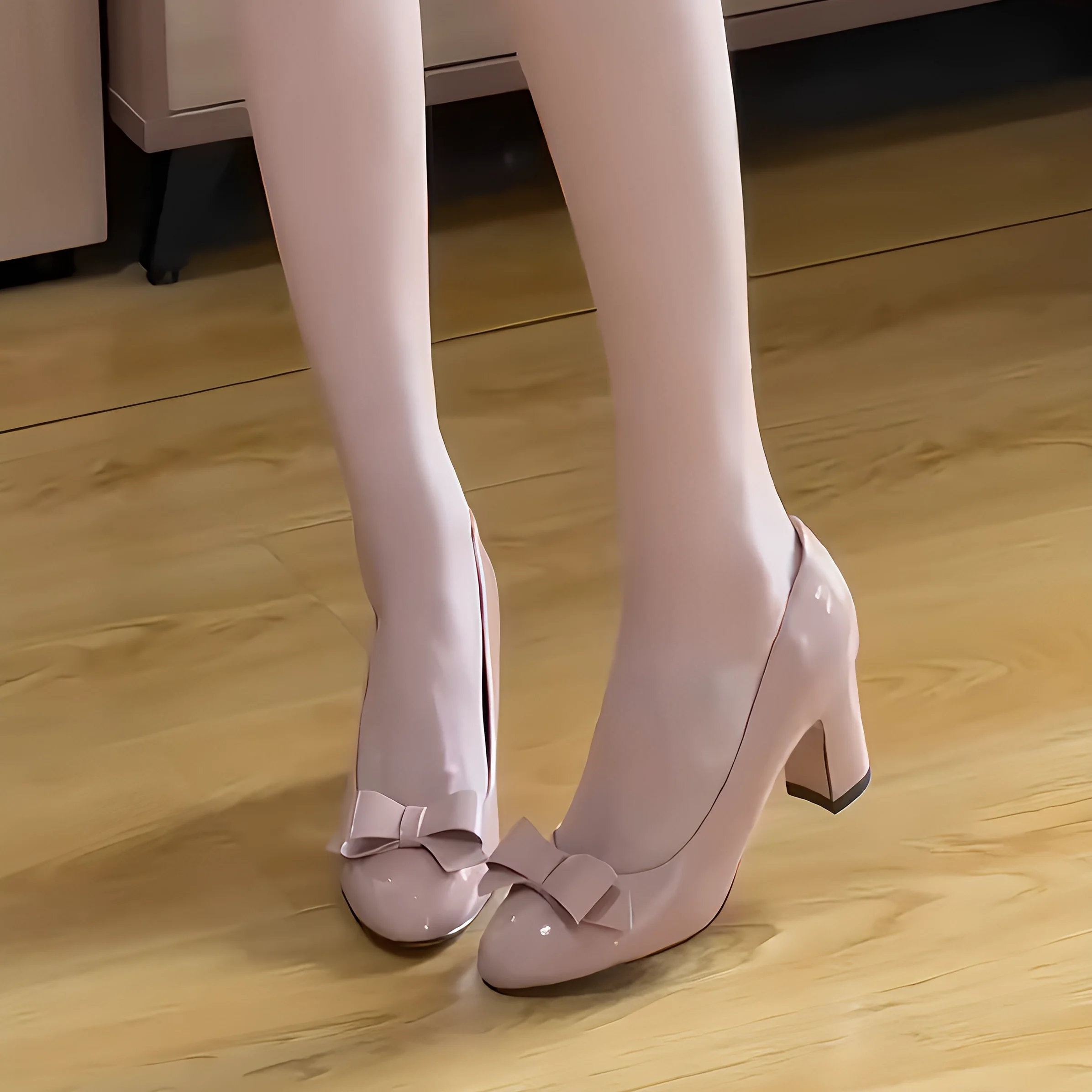 4センチヒールパンプスの快適性を実証：羊皮製バタフライリボン付き浅口パンプス