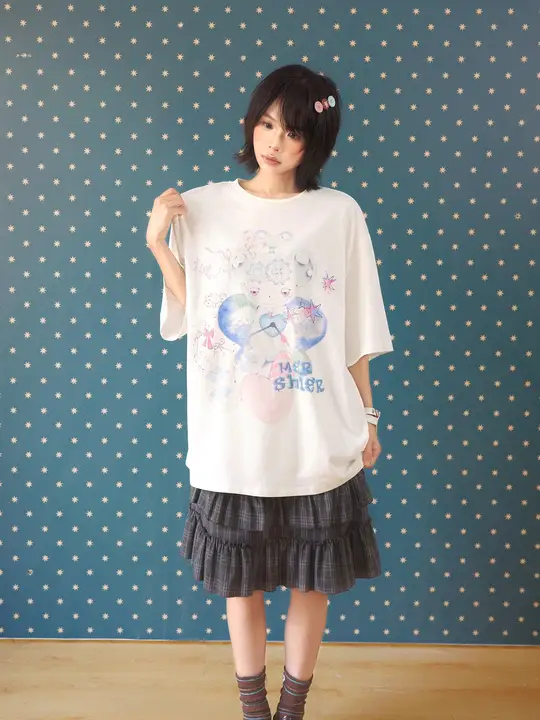Tシャツ レディース 韓流 半袖 丸首 手描きイラスト ルーズ カジュアル 着回し 夏「MKGO」