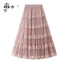 レース切替メッシュケーキスカート【春秋用・ウエストゴム・Aライン・ミディ丈】