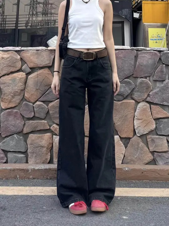 アメリカンヴィンテージ風 ゆったりストレート刺繍ワイドデニムパンツ【ハイストリート】