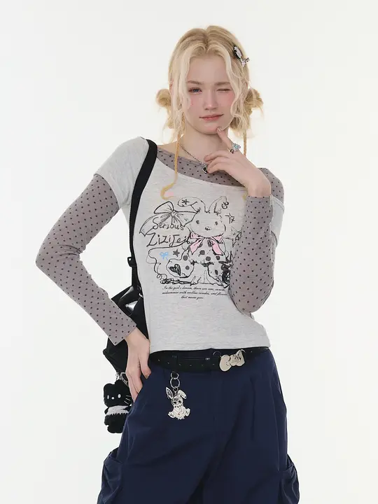 春秋にぴったり！ウサギプリントドット柄長袖Tシャツ【グレー調・デザイン性・重ね着風】（セットアップ対応）