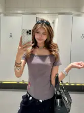 オフショルダー 半袖Tシャツ レディース クロス柄 発泡プリント ウエストマーク 着痩せ クロップドトップス 夏 アメカジ ヴィンテージ 「BeOurRule」