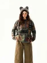 アメリカンレトロスタイルのクマ柄丸首ニットセーター【ゆったりとしたデザイン・カジュアル】（セットアップ対応）