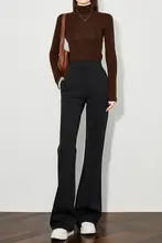 秋季用 レディース 黒色ロングフレアパンツ【スリムフィット・高級感・微喇】