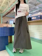 レトロ工装デザインのハイウエストAラインスカート【春用・ロング丈・スリム効果】