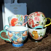 高品質アメリカンカントリー風陶器製コーヒーカップ【手描き・デザインカップ・ミルク用】