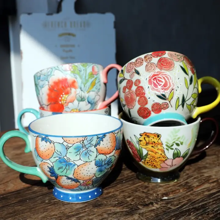 高品質アメリカンカントリー風陶器製コーヒーカップ【手描き・デザインカップ・ミルク用】