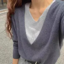 秋冬用100%ウールVネックニットトップス【フェイクレイヤード・トレンドデザイン】（セットアップ対応）