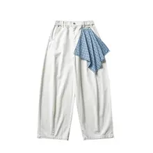 ヴィンテージ風ウォッシュ加工のデタッチャブルハンカチ付き無地ストレートパンツ【ユニセックス・ゆったりしたワイドレッグ・カジュアル】（セットアップ対応）