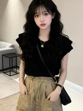 個性的なデザインのフリル袖Tシャツ【夏用・セクシー・背面リボン付き・透かしデザイン】