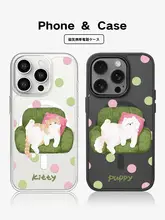 カートンデザインドット模様のiPhoneケース【黒色・透明・猫と犬モチーフ・マグネット式・個性的】