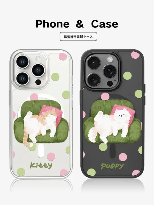 カートンデザインドット模様のiPhoneケース【黒色・透明・猫と犬モチーフ・マグネット式・個性的】
