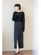 高腰のグレー前開きフレアスカート【レトロスタイル・タイトシルエット・通勤用・中丈】（セットアップ対応）