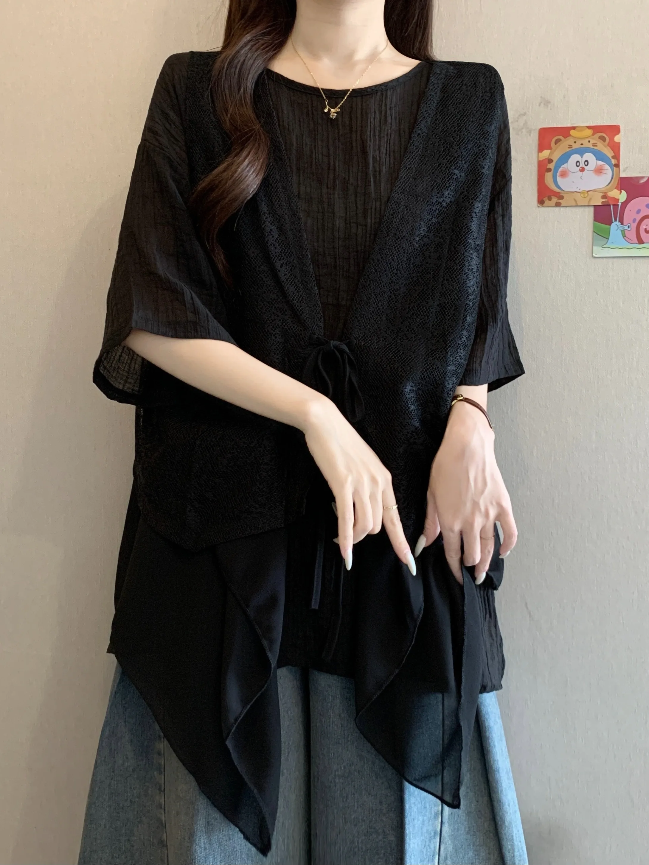 産後の体型でも着やすいきれいめコーデアイテム：シフォンベストとトップスの2点セット