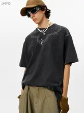 半袖Tシャツ メンズ コットン100% クルーネック ゴシック 棘モチーフ ウォッシュド加工 オーバーサイズ 厚手 アメリカン風 夏 「JHYQ」