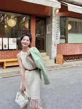 夏季 法式透かし編み タッセルニットベストワンピース【リゾートスタイル】（セットアップ対応）
