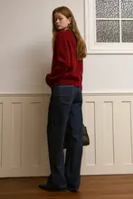 環境に優しい酵素洗いのハイウエストワイドレッグデニムパンツ【スリム効果・ストレッチ】