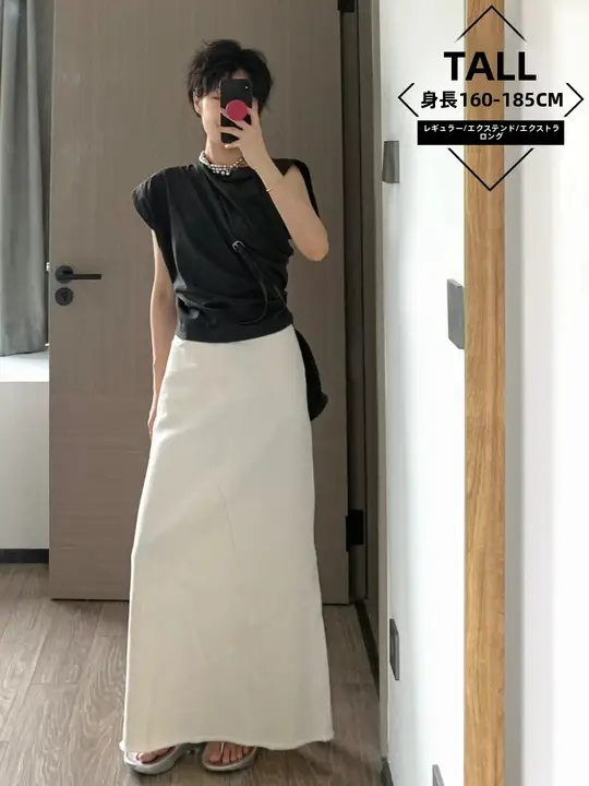 優雅な白色リネンロングスカート【夏用・体型カバー・女性用】