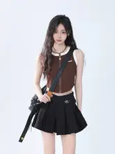 美式ハイストリートスタイル ブラウンジッパータンクトップ【ショート丈・デザイン性あり】