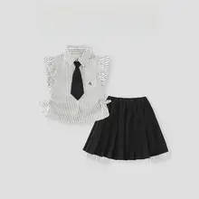 スタイリッシュな子供用夏のプリーツスカート【ストライプ・学院風・二部分】（セットアップ対応）