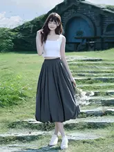 春秋用 グレーのハイウエスト花苞スカート【プリーツデザイン・ロング丈・女性用】