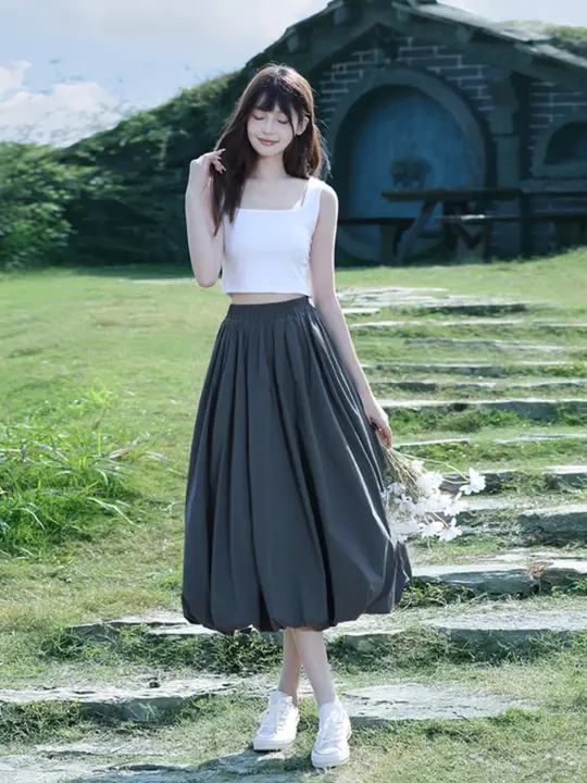 春秋用 グレーのハイウエスト花苞スカート【プリーツデザイン・ロング丈・女性用】