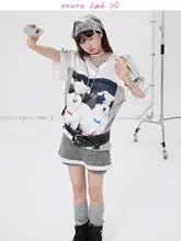 半袖トップス ユニセックス 光沢ジャージ メッシュ 切り替え 遊び心プリント オーバーサイズ ルーズ 夏 「OOURSLAB」