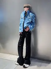 男性用デザインジャケット【デニム・装飾的なスパンコール・流れるフリンジ・クールなスタイル】