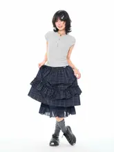 レディース 夏用チェック柄レースフレアミディスカート【学院風・ハイウエスト・体型 カバー】（セットアップ対応）