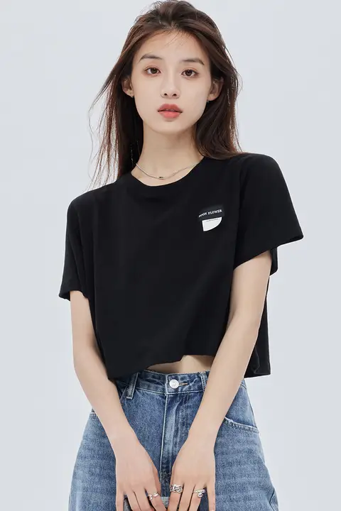 シンプル無地 ラウンドネック cropped Tシャツ【ブラック・コットン・短袖】